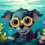 Cartoon dog with goggles and Making Waves design collar swimming among the coral